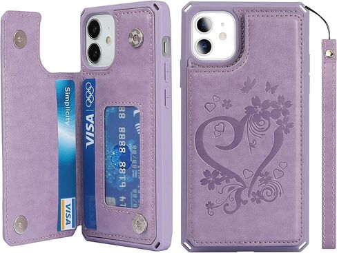حافظة iCoverCase لهاتف iPhone 12 Mini Wallet للنساء، حافظة iPhone 12 Mini مع حامل بطاقة وحزام معصم، حافظة جلدية منقوشة مضادة للصدمات مقاس 5.4 بوصة (أرجواني قلب) in Kuwait