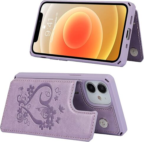 حافظة iCoverCase لهاتف iPhone 12 Mini Wallet للنساء، حافظة iPhone 12 Mini مع حامل بطاقة وحزام معصم، حافظة جلدية منقوشة مضادة للصدمات مقاس 5.4 بوصة (أرجواني قلب) in Kuwait