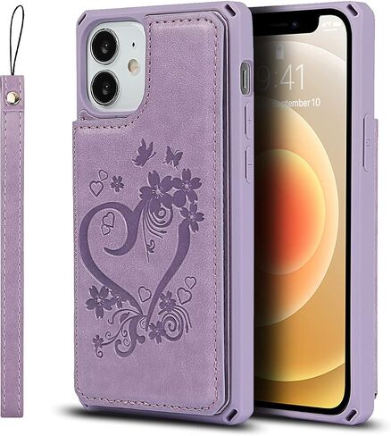 حافظة iCoverCase لهاتف iPhone 12 Mini Wallet للنساء، حافظة iPhone 12 Mini مع حامل بطاقة وحزام معصم، حافظة جلدية منقوشة مضادة للصدمات مقاس 5.4 بوصة (أرجواني قلب) in Kuwait