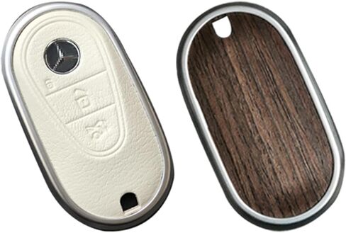 for Mercedes Benz Key case Key fob Cover Made of Real Wood Veneer Genuine Leather Key Fob Shell Gift Compatible C GLC E S ect 2022-2023-newer (Walnut, White Leather) in Saudi Arabia