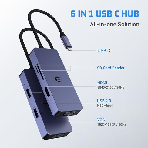 موزع USB C، محول USB 6 في 1 مع 4K HDMI وVGA ومنفذين XUSB-A لأجهزة Mac Pro/Air والهواتف الذكية وأجهزة الكمبيوتر المحمولة التي تعمل بنظام Windows XPS والمزيد من أجهزة USB-C in Saudi Arabia