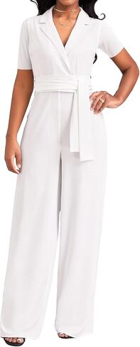 جمبسوت رسمي أبيض أنيق للنساء للعمل أنيق بأكمام قصيرة وطويل مستقيم مع سحاب حزام (X-Large) in Kuwait