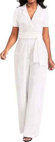 جمبسوت رسمي أبيض أنيق للنساء للعمل أنيق بأكمام قصيرة وطويل مستقيم مع سحاب حزام (X-Large) in Kuwait