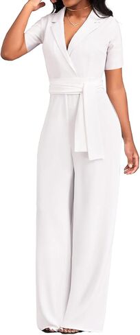 جمبسوت رسمي أبيض أنيق للنساء للعمل أنيق بأكمام قصيرة وطويل مستقيم مع سحاب حزام (X-Large) in Kuwait
