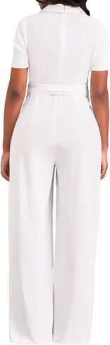 جمبسوت رسمي أبيض أنيق للنساء للعمل أنيق بأكمام قصيرة وطويل مستقيم مع سحاب حزام (X-Large) in Kuwait