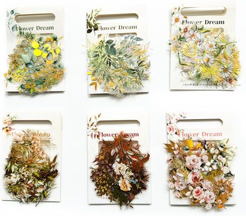 240 قطعة من ملصقات نباتات الزهور الورقية الذهبية، ملصق زهور ثلاثي الأبعاد، ملصقات نباتية، ملصقات شارات شفافة شفافة لحزمة تزيين دفتر اليوميات DIY ألبوم القصاصات in Kuwait