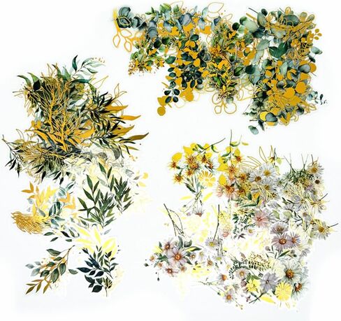 240 قطعة من ملصقات نباتات الزهور الورقية الذهبية، ملصق زهور ثلاثي الأبعاد، ملصقات نباتية، ملصقات شارات شفافة شفافة لحزمة تزيين دفتر اليوميات DIY ألبوم القصاصات in Kuwait