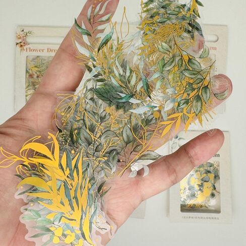 240 قطعة من ملصقات نباتات الزهور الورقية الذهبية، ملصق زهور ثلاثي الأبعاد، ملصقات نباتية، ملصقات شارات شفافة شفافة لحزمة تزيين دفتر اليوميات DIY ألبوم القصاصات in Kuwait
