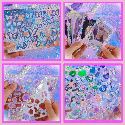 1800pcs Kpop Korean Photocard Stickers Book - Colorful Glitter Self-Adhesive Deco Stickers with Bubble Heart, Butterfly, Cat Cute Korean Deco for Journaling, Arts, Crafts, Scrapbook in Saudi Arabia