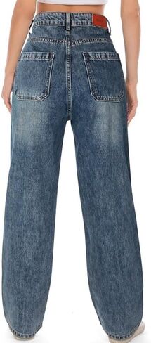 Genleck Women's Wide Leg Jeans - Distressed High Waisted Loose Straight Leg Jeans Stretch Ripped Denim Pants in Kuwait