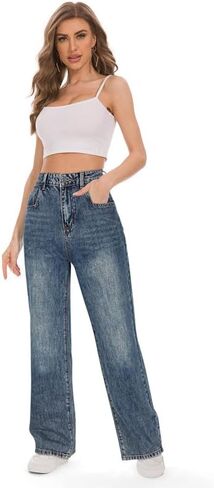 Genleck Women's Wide Leg Jeans - Distressed High Waisted Loose Straight Leg Jeans Stretch Ripped Denim Pants in Kuwait