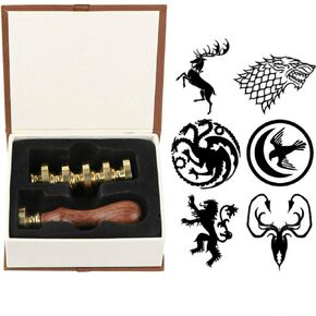 House Baratheon Wax Seal Stamp Set - 6 Piece Copper Seal Set + Wooden Hilt, Ice and Fire Designs