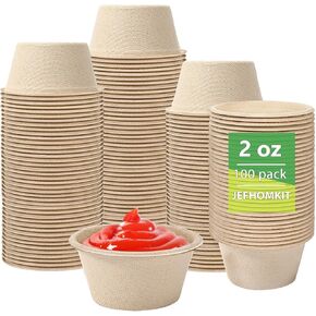2 oz Compostable Portion Cups,100 Pack Disposable Souffle Cups,Bagasse Fiber Souffle Cups,Biodegradable Compostable Condiment Cups,Food Sample Cups for Condiments, Dips, Jams