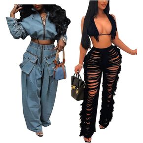 KANSOON Two Piece Outfits for Women Bikini Swimsuits and Jean Crop Jacket Wide Leg Pants Loose Outfit Sweatsuit