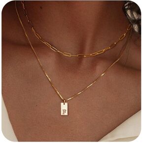 Dainty Gold Initial Necklaces for Women, 14K Gold Plated Layering Paperclip Chain Necklace Personalized Simple A-Z Letter Name Tag Pendant Necklace Gold Layered Necklaces for Women Trendy Jewelry Gifts