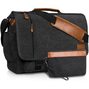 ESTARER Mens Messenger Bag 17-17.3 Inch Laptop Bag Water-resistant Canvas, College/Work/Travel Computer Shoulder Bag with Pencil Case Pouch, Dark Grey