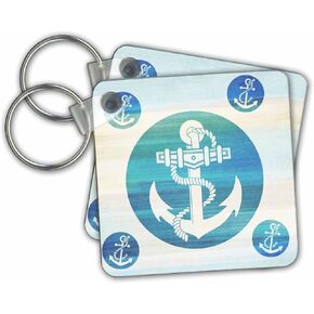 Anchor in aqua circles nautical beach theme art - Key Chains, 2.25 x 2.25 inches, set of 2 (kc_152106_1)