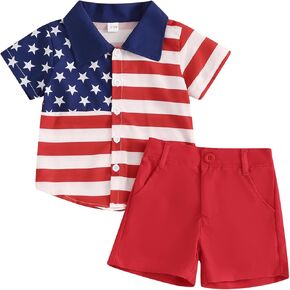 4th of July Toddler Baby Boy Outfit Stars Stripes Button Down Shirt and Shorts Set 2Pcs Independence Day Clothes