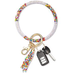 Key Ring Bracelet Bangle Hand Crafted Beaded Wristlet Keychain Keyring with Tassel for Women House Car Keys Ring Holder