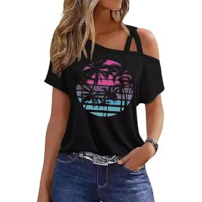 VKEGNIO Criss-Cross One Shoulder Tops Sexy Cold Shoulder Shirts Summer Short Sleeve T-Shirts Vacation Loose Casual Tees