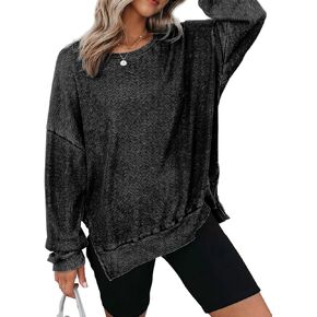 Dokotoo Womens Oversized Waffle Knit Crewneck Sweatshirts Long Sleeve Side Slits Casual Pullover Sweatshirt Tops