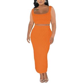 Adogirl Women's Sexy Summer Scoop Neck Ottoman Rib 2 Piece Outfit Bodycon Crop Tank Tops Long Maxi Skirt Set Club Dress