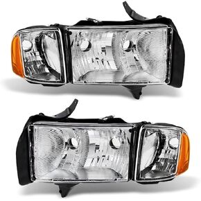 Headlights Assembly for 1999-2001 Dodge Ram 1500 Pickup Sport, for 99-01Ram 1500, Headlights + Corner Lamp Parking Light Turn Signal Marker Light For 99 00 01 Dodge Ram
