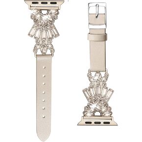 Secbolt Band Compatible with Apple Watch Band 38mm 40mm 41mm 42mm 44mm 45mm iWatch Series 9/8/7/6/5/4/3/2/1, Top Grain Leather with Bling Crystal Diamonds Wristband Strap Accessories Women
