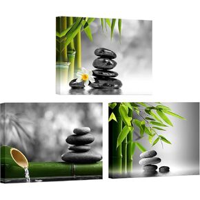 Zen Canvas Wall Art Still life with Bamboo Stone - Modern Artwork Green Bamboo Picture Framed Contemporary Home Decoration Ready to Hang 12"x16"x3Panels