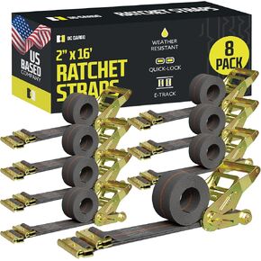 E Track Ratchet Straps Cargo Tie-Downs, (Pack of 8) 2 x 16 Heavy Duty Grey Tie-Down Rachet Straps, Strong Ratchet Strap, E Track Spring Fittings, Tie Down Motorcycle
