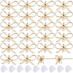 SUNNYCLUE 1 Box 20 Sets Real 18K Gold Plated Earring Posts Stud Earring Findings Earring Studs Earring Stud with Hole Bowknot Post Earrings for Jewelry Making Accessories DIY Dangle Earrings Supplies