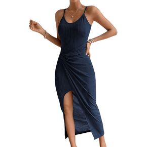 Women's Sexy Twist Front Wrap Hem Bodycon Dress Spaghetti Strap Split Thigh Ribbed Knit Cami Dresses