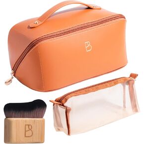 BS-MALL Travel Makeup Bag – Portable Large Capacity Toiletry Bag Perfect for Organizing Travel Size Toiletries, Flat Opening for Easy Access with 1 Makeup Brush & Zipper Bag