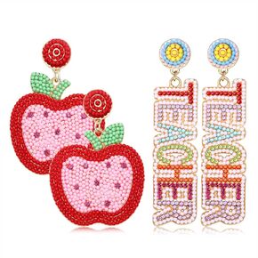 2 Pairs Teacher Earrings for Women Beaded Apple Pencil Drop Dangle Earrings Funny Back To School Jewelry Gifts for Teacher Appreciation