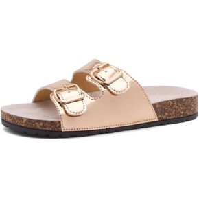 Herstyle Softey Womens Flat Sandals Cork Footbed Slides Open Toe Slip on Slipper 2 Straps Flat Sandals with Adjustable Buckle Black Gold Silver Slides for Summer Vacation
