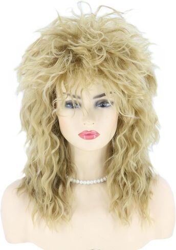 باروكة تينا للنساء مع قلادة وحلق شعر مستعار كبير أشقر 70s 80s شعر مستعار الروك البوري زي الهالوين شعر مستعار للحفلات in Kuwait