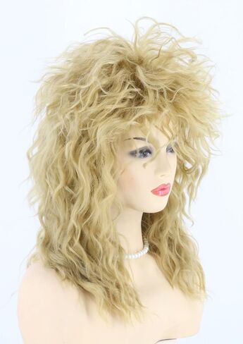 باروكة تينا للنساء مع قلادة وحلق شعر مستعار كبير أشقر 70s 80s شعر مستعار الروك البوري زي الهالوين شعر مستعار للحفلات in Kuwait