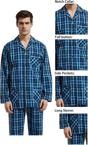 GLOBAL Pajamas for Men Pj Set 100% Cotton Pajama Long Sleeve/Pants Plaids Loungewear sets in Kuwait