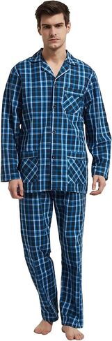 GLOBAL Pajamas for Men Pj Set 100% Cotton Pajama Long Sleeve/Pants Plaids Loungewear sets in Kuwait