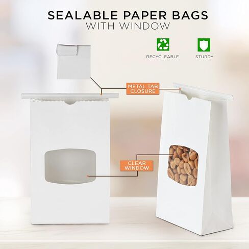 Fit Meal Prep 75 Pack Bakery Bags with Window, 7.75 x 4.75 x 2.5" White Paper Bakery Bags with Tin Tie Lock Closure for Cookie, 1/2 lb (8 oz) Premium White Paper Bags for Bakery Shopping Packaging in Saudi Arabia