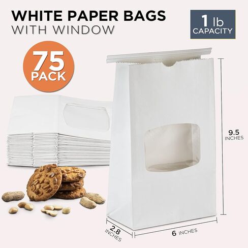 Fit Meal Prep 75 Pack Bakery Bags with Window, 7.75 x 4.75 x 2.5" White Paper Bakery Bags with Tin Tie Lock Closure for Cookie, 1/2 lb (8 oz) Premium White Paper Bags for Bakery Shopping Packaging in Saudi Arabia