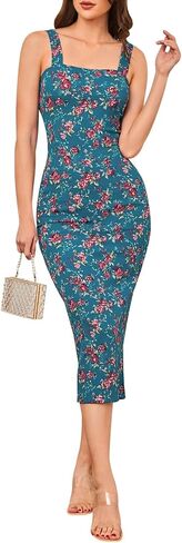 AIMCOO Sleeveless Elegant Floral Bodycon Dress Square Neck Party Cocktail Midi Dress Back Slit Long Dresses for Women 2024 in Saudi Arabia