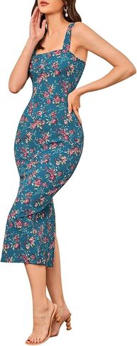 AIMCOO Sleeveless Elegant Floral Bodycon Dress Square Neck Party Cocktail Midi Dress Back Slit Long Dresses for Women 2024 in Saudi Arabia
