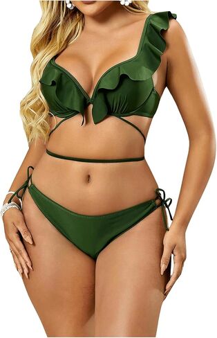 MakeMeChic Women's Ruffled 2 Piece Swimsuit Push Up Criss Cross Tie Side Bikini Set Bathing Suit in Saudi Arabia