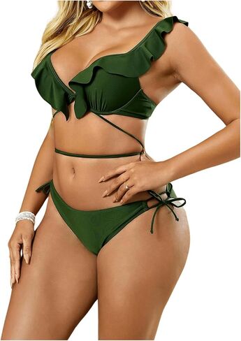 MakeMeChic Women's Ruffled 2 Piece Swimsuit Push Up Criss Cross Tie Side Bikini Set Bathing Suit in Saudi Arabia