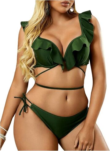 MakeMeChic Women's Ruffled 2 Piece Swimsuit Push Up Criss Cross Tie Side Bikini Set Bathing Suit in Saudi Arabia