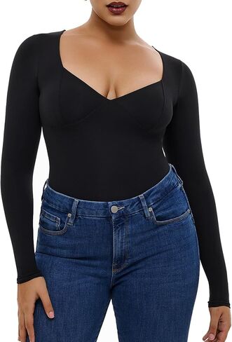 Freehut Women's Bodysuit Long Sleeve Double Lined Square V Neck Thong Slimming Body Suit Tops Softhug Collection in Saudi Arabia