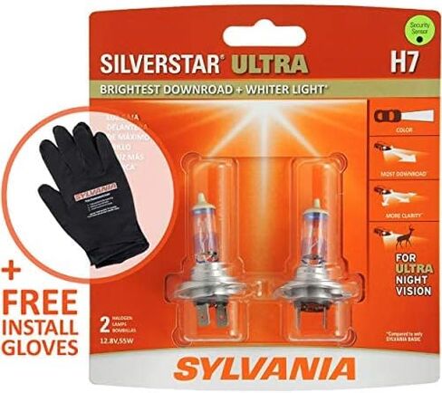 SYLVANIA - H7 SilverStar Ultra plus Free Installation Gloves - High Performance Halogen Headlight Bulb, High Beam, Low Beam, Fog Replacement Bulb, Brightest Downroad Whiter Light (Contains 2 Bulbs) in Saudi Arabia