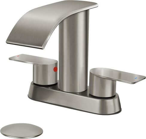 Two Handles Waterfall Bathroom Faucet, 4 Inch Centerset Sink Faucet, 2 or 3 Holes Bathroom Sink Faucet, Stainless Steel Lavatory Vanity Faucet with Pop Up Drain (Brushed Gold) in Saudi Arabia