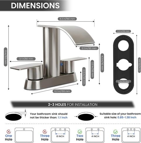Two Handles Waterfall Bathroom Faucet, 4 Inch Centerset Sink Faucet, 2 or 3 Holes Bathroom Sink Faucet, Stainless Steel Lavatory Vanity Faucet with Pop Up Drain (Brushed Gold) in Saudi Arabia